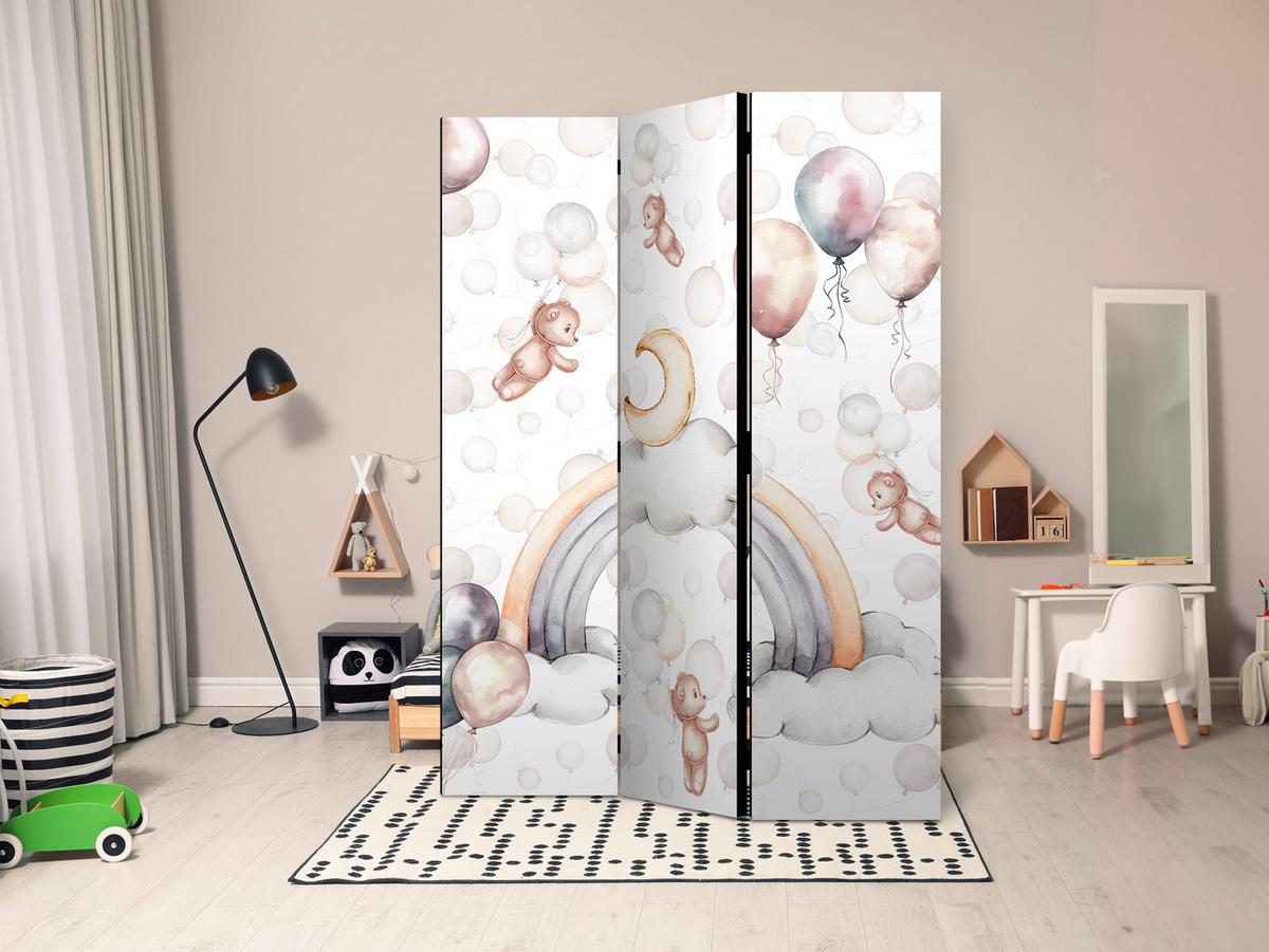 PARAVENT Akustik 3-tlg 135x172 cm Teddyb ren Regenbogen Ballons - Multicolor, Holz/Textil (135/172/3cm) - Muralo