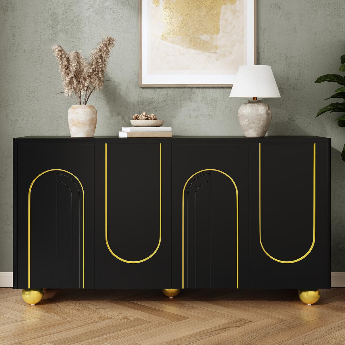 SIDEBOARD 140cm Schwarz mit Gold-Bogen-Dekor, 4 Türen & Kugel-Füßen - Schwarz, Holzwerkstoff (140/74/40cm) - Urban Meuble