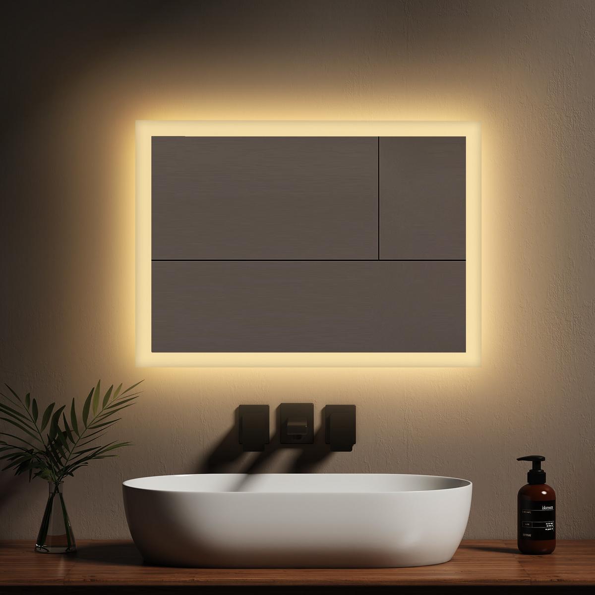 BADSPIEGEL mit Beleuchtung, mechanischem Schalter & Antibeschlag-Funktion, 70/50 cm - Transparent, Glas (70/50/3.5cm) - EMKE