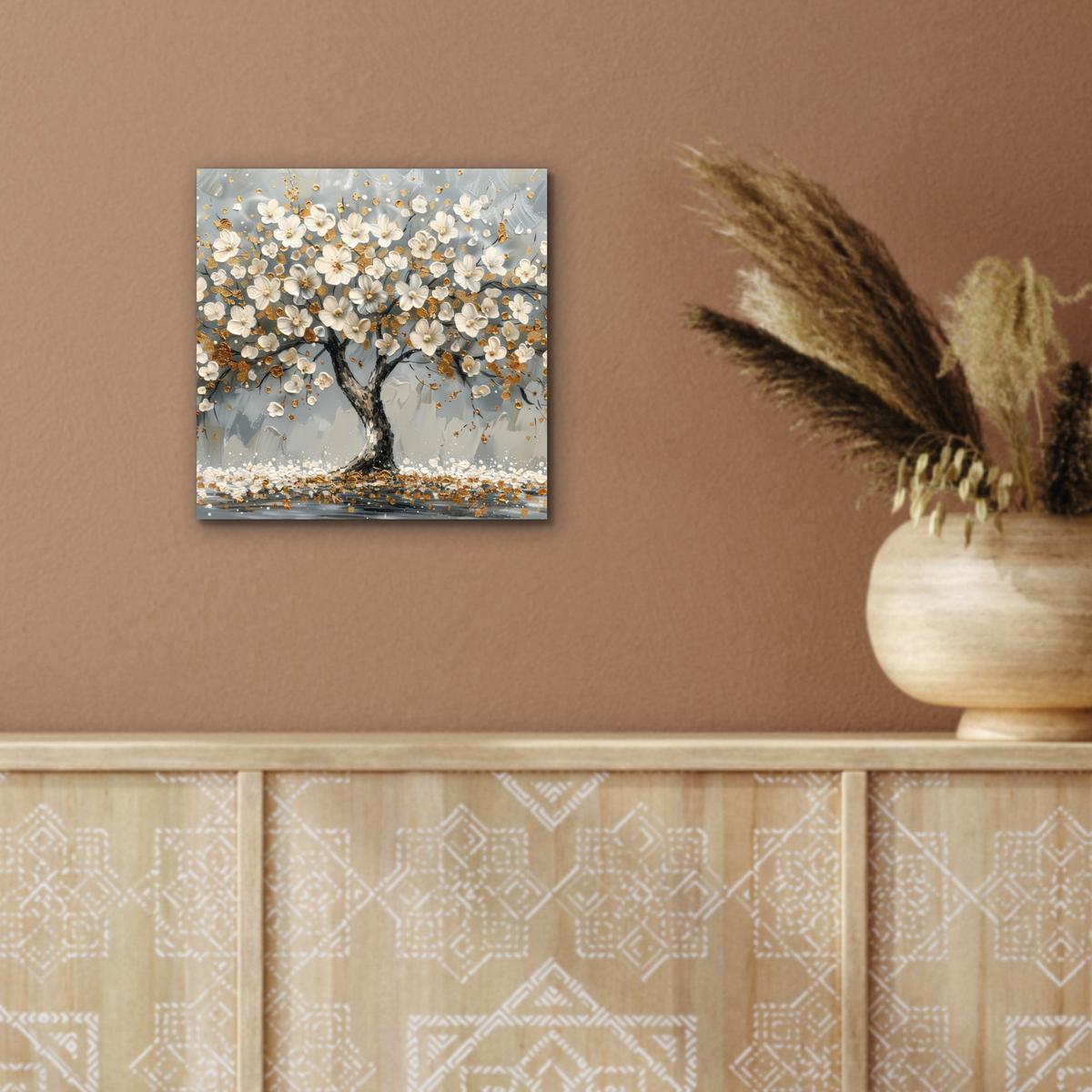 METALLBILD Baum - Blumen - Weiß - Natur - Kunst 20x20 cm - Weiß, Metall (20/20cm) - MuchoWow