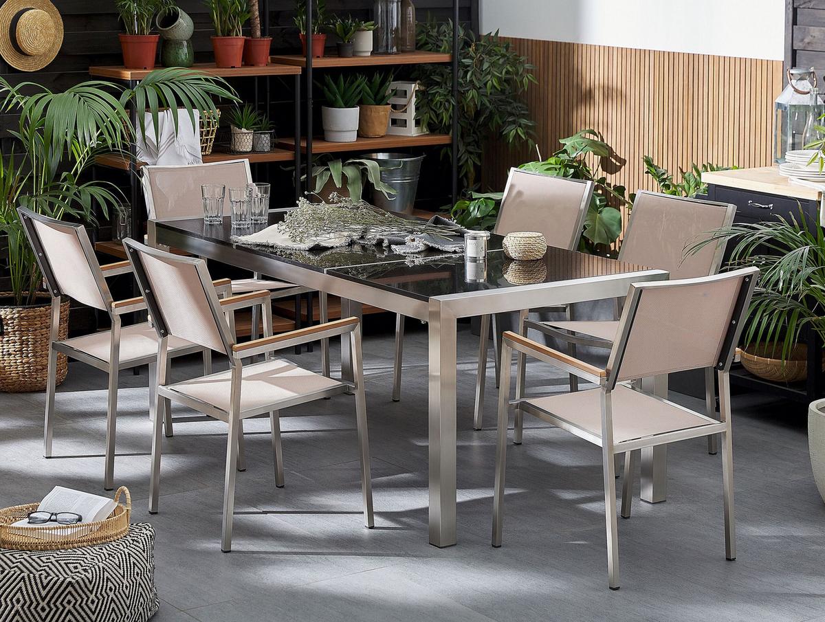 GARTENMÖBEL SET 6-Sitzer Naturstein schwarz poliert beige Grosseto - Beige/Silberfarben, Metall - Beliani
