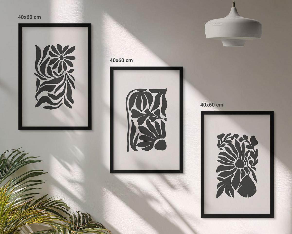 BILDER SET 3er Set - 40x60 cm Schwarzer Rahmen - Abstrakte Pflanzenmuster - Schwarz, Kunststoff (40/60cm) - TULUP