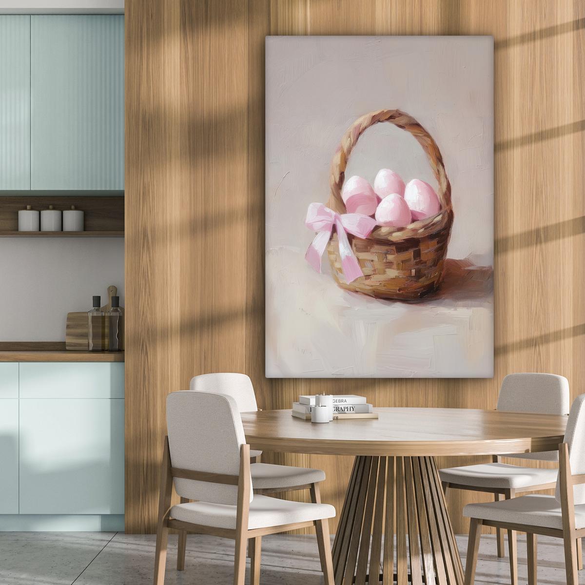 LEINWANDBILD Korb - Eier - Rosa Deko XXL 80x120 cm - Beige, Textil (80/120cm) - MuchoWow