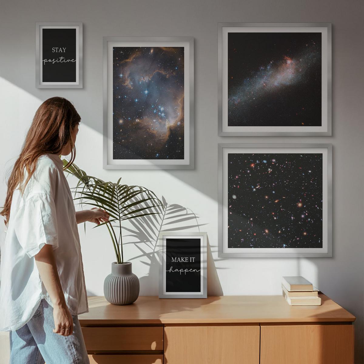 BILDER SET 5er Set - 50x50 cm & 20x30 cm & 40x60 cm Silberner Rahmen - Motivationsslogans Sterne Weltraum - Silberfarben, Kunststoff (40/60cm) - TULUP