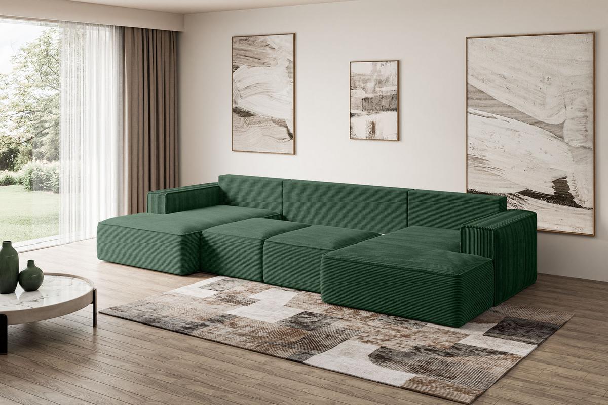 WOHNLANDSCHAFT mit Schlaffunktion und Bettkasten SIERRA-U-S - 349x161x87 cm Grün Cord - Schwarz/Grün, Holzwerkstoff/Kunststoff (349/87/161cm) - ALTDECOR