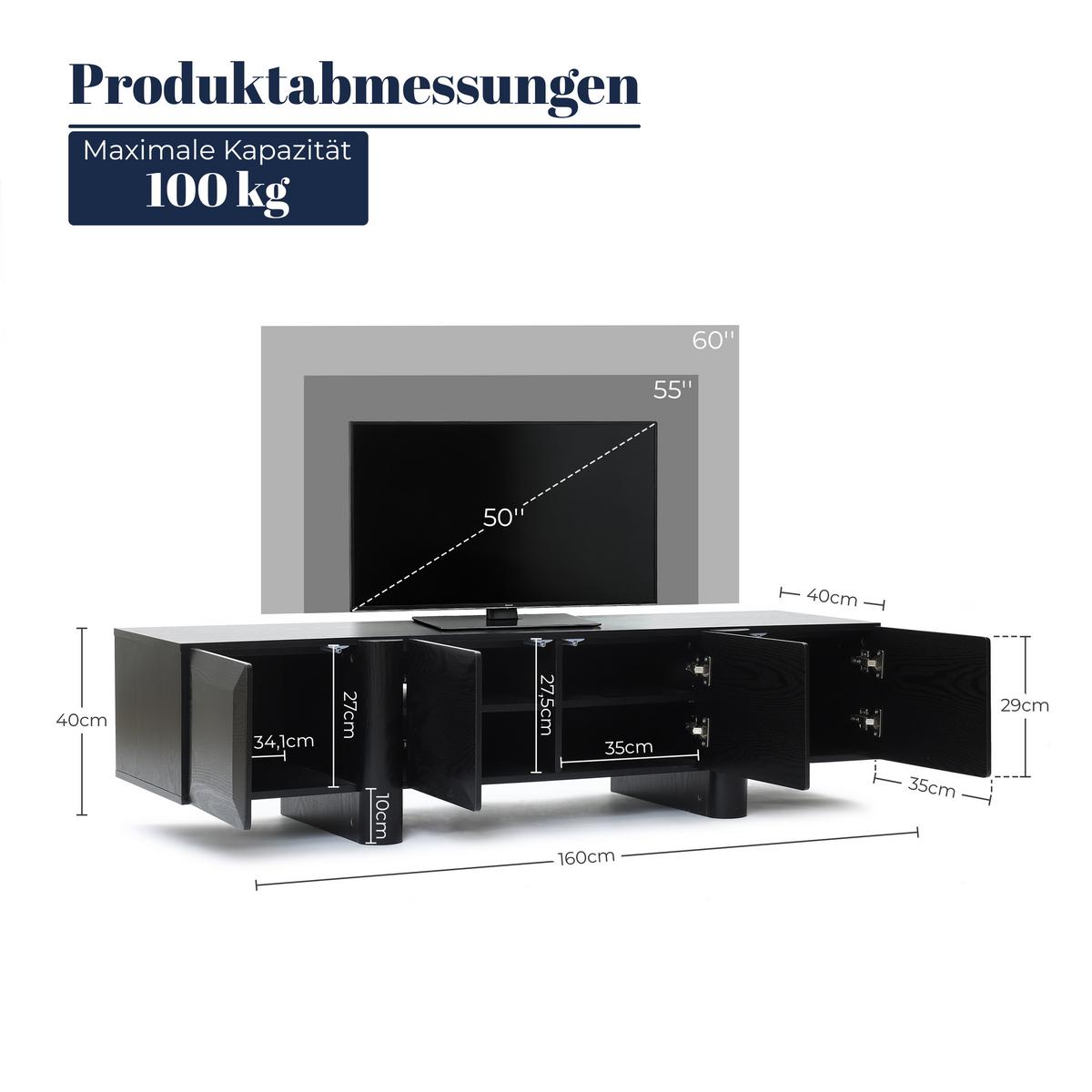 TV-SCHRANK Modern, Schwarz - Breites Lowboard mit 4 Einzel-Schubladen & doppeltem Staufach, MDF TV Board | 160x40x40 cm - Schwarz, Holz (160/40/40cm) - Hometopia