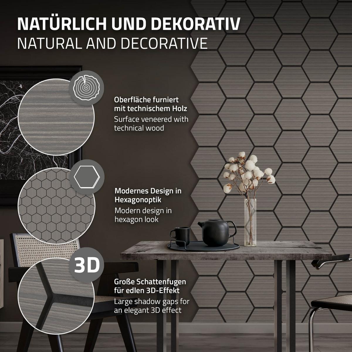 AKUSTIKPANEEL 2er Set Schallschutzplatten Hexagon Grau Holzoptik 66x81x2 cm aus Filz - Grau, Holzwerkstoff (2.1/81.1/66.6cm) - ML-DESIGN
