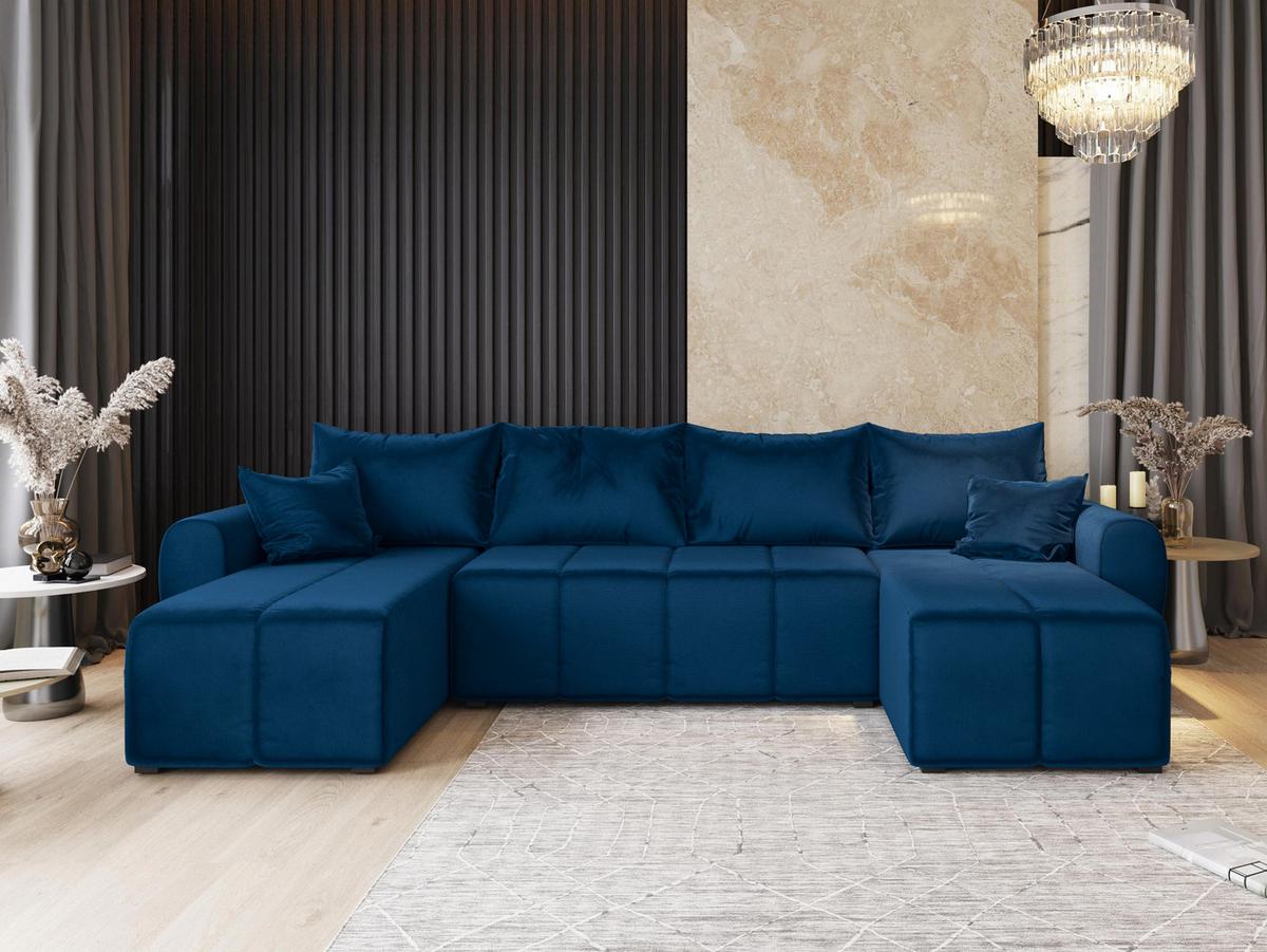 WOHNLANDSCHAFT MADISON U Blau Plüsch-Stoff mit Schlaffunktion - Blau/Schwarz, Holz/Kunststoff (311/82/145cm) - MASSENO