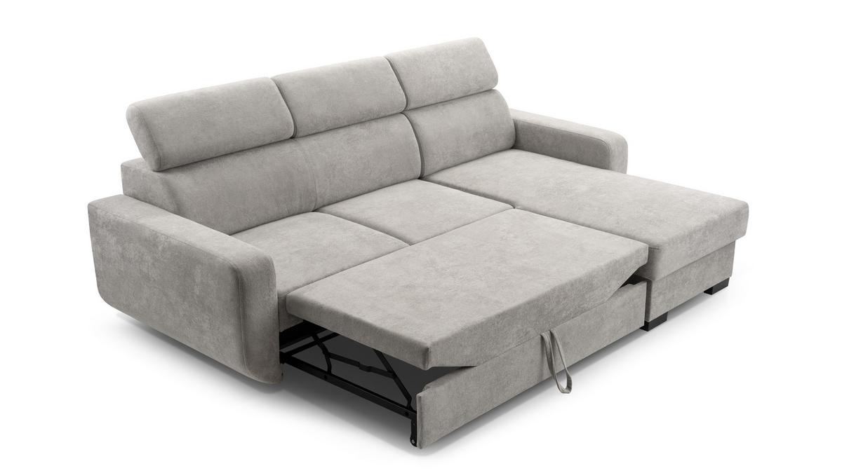 ECKSOFA CASTELLO Grau Plüsch-Stoff mit Schlaffunktion - Grau, Holz (236/165cm) - MASSENO