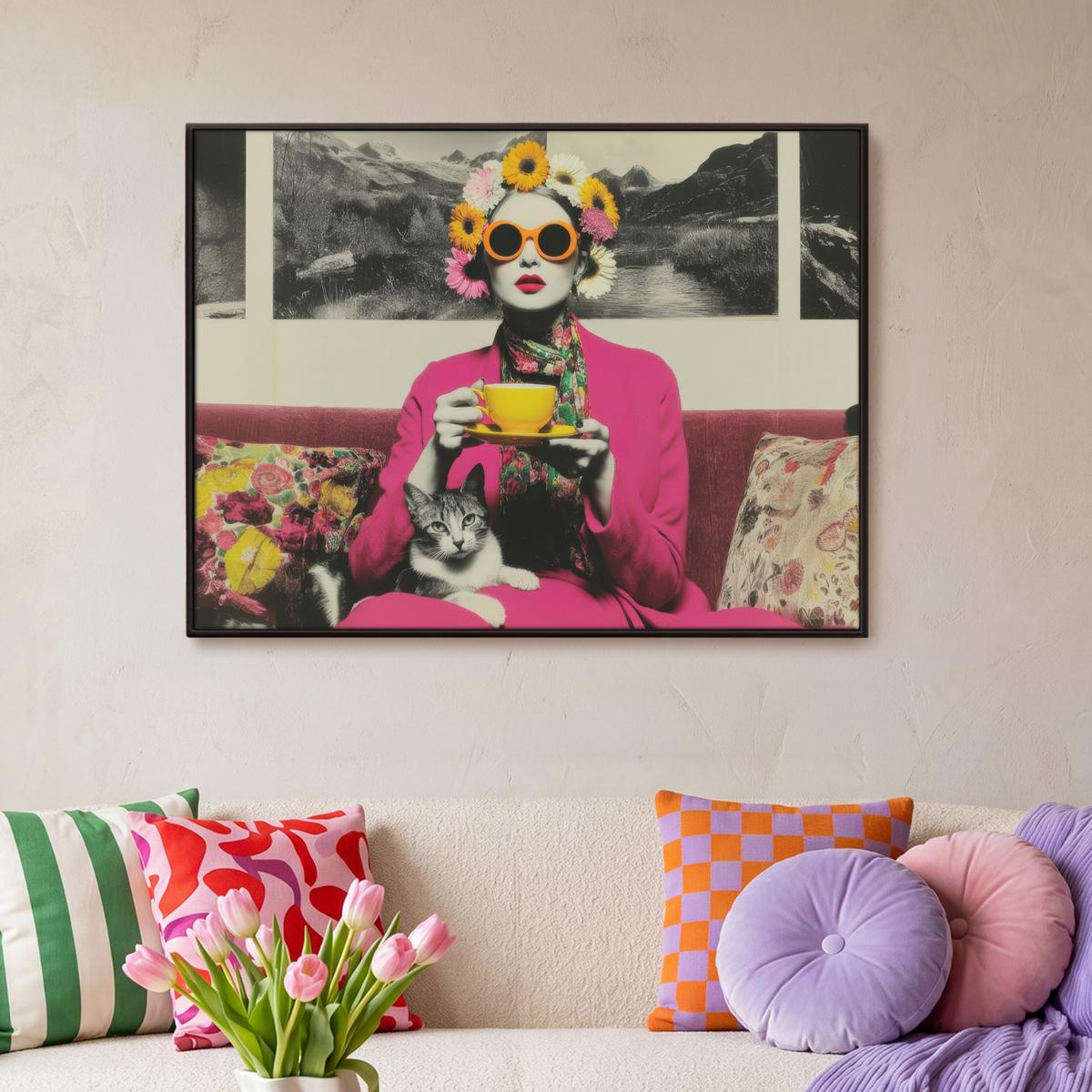 LEINWAND Bilder mit Rahmen - Frau - Katze - Blumen - Tasse - Retro - 100x70 - Magenta, Textil (100/70cm) - MuchoWow