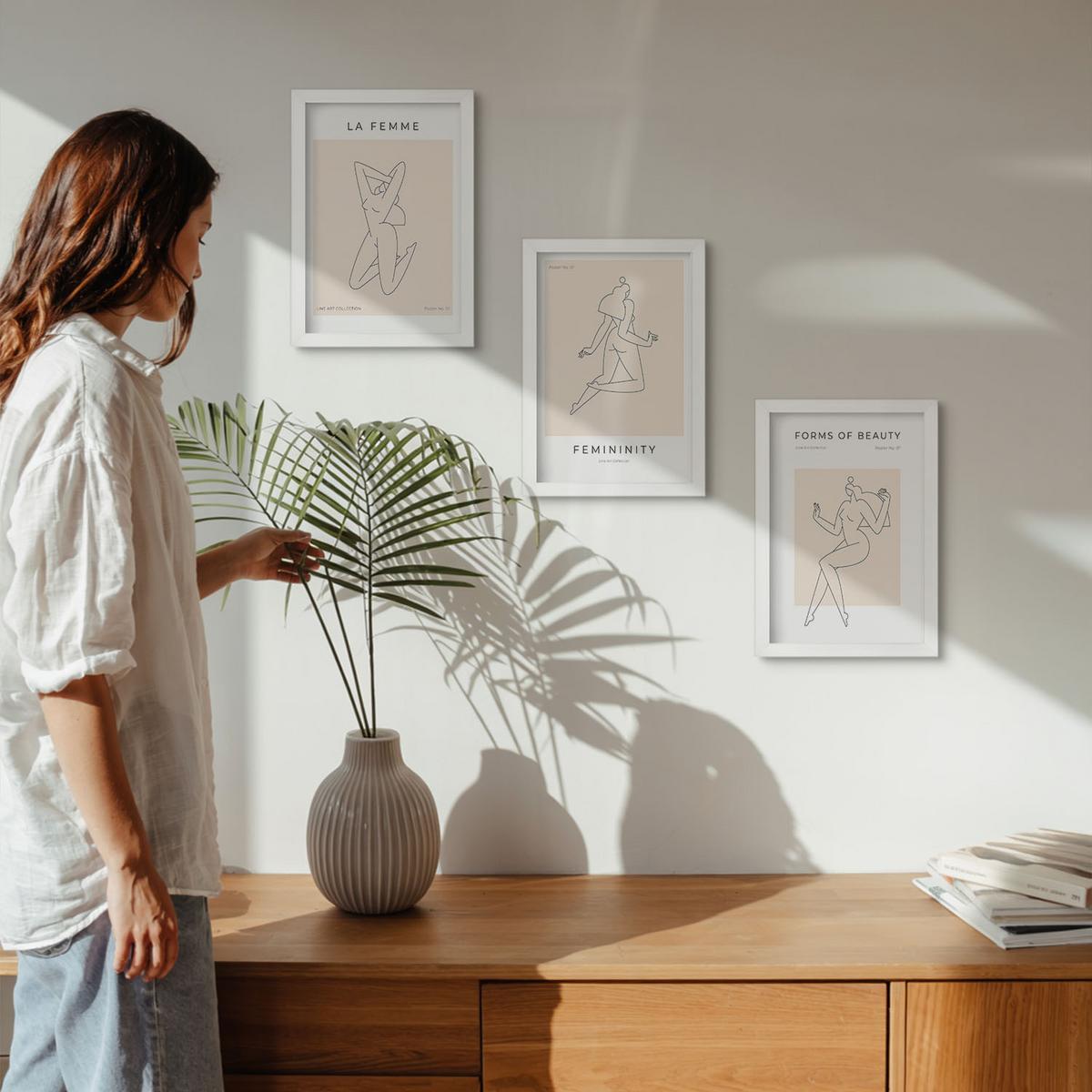 BILDER SET 3er Set - 20x30 cm Weißer Rahmen - Poster mit minimalistischen Frauensilhouetten - Weiß, Kunststoff (20/30cm) - TULUP
