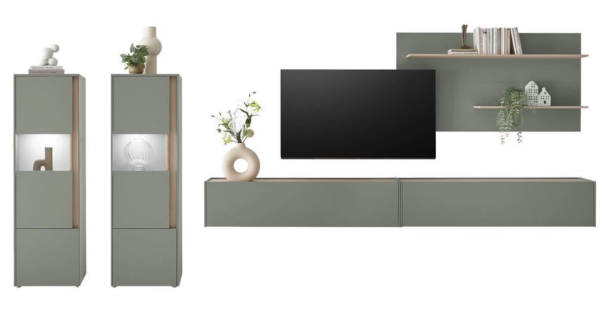 WOHNWAND Salbei grün, Eiche Barista, Wohnkombination Set 5-teilig mit XXL-TV-Schrank 440 cm - Salbeigrün/Eichefarben, Glas/Holzwerkstoff (440/180/40cm) - Furn.Design
