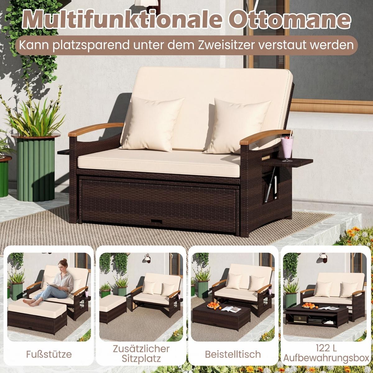 SONNENLIEGE geflochtene Doppel liege beige - Beige, Metall (164/88/72cm) - COSTWAY
