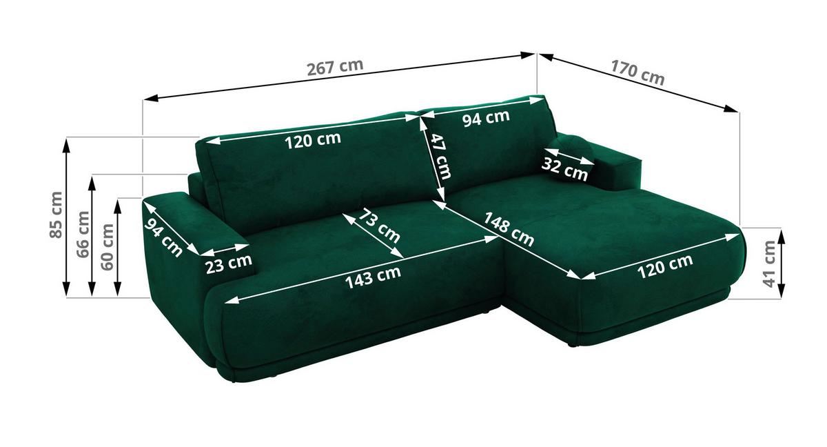 ECKSCHLAFSOFA RINA L Dunkelgrün Velvet - links - Dunkelgrün/Schwarz, Kunststoff/Textil (267/170cm) - MKS