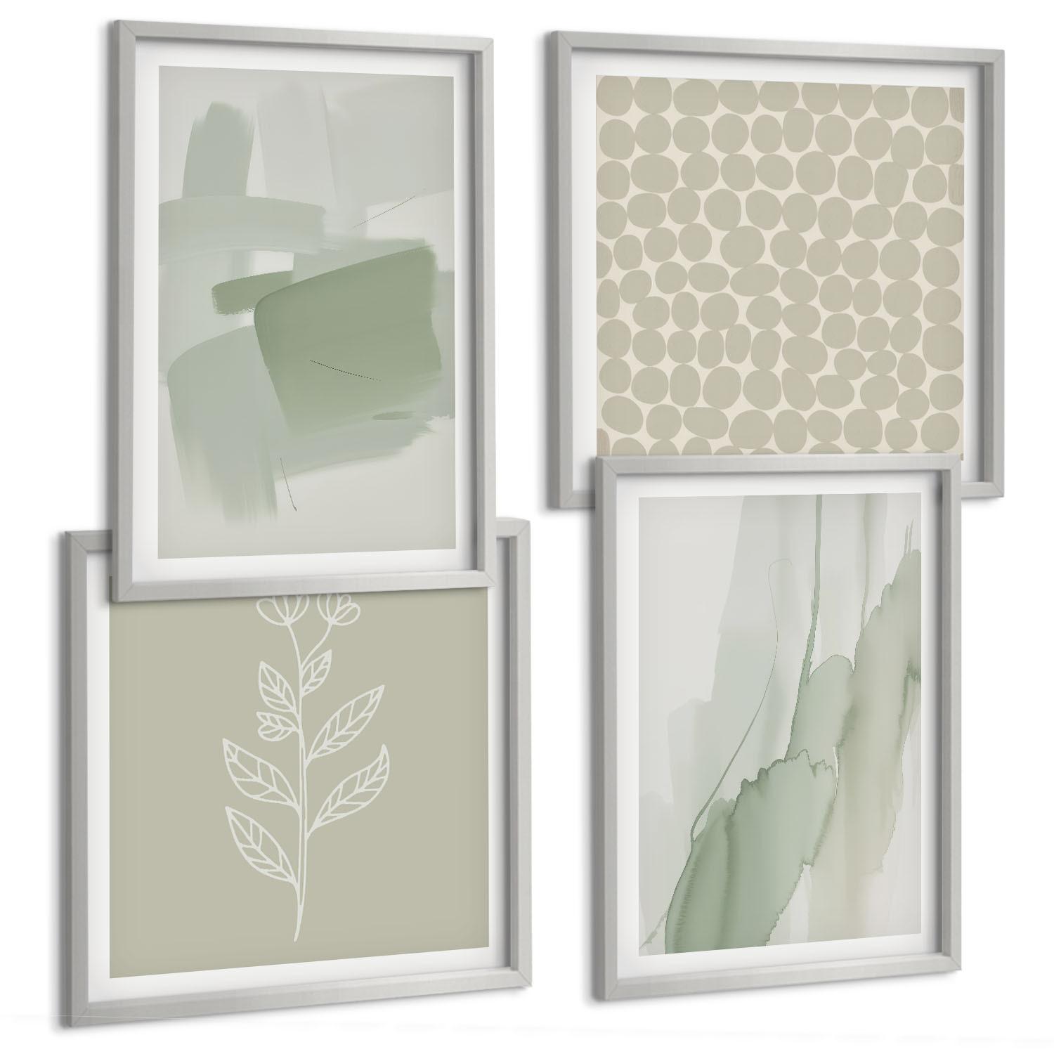 BILDER SET 4er Set - 50x50 cm & 40x60 cm Silberner Rahmen - Abstrakte Aquarellpflanzen - Silberfarben, Kunststoff (50/50cm) - TULUP