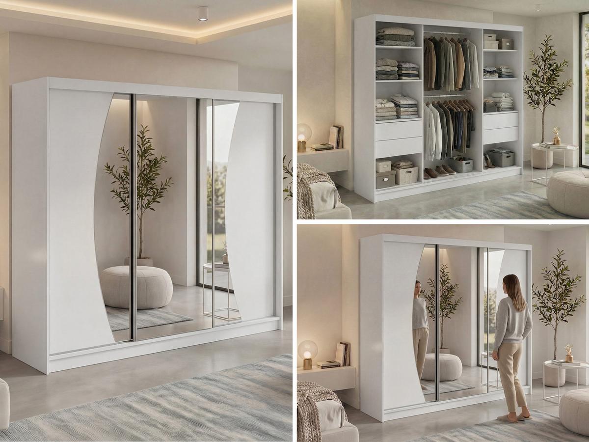 SCHWEBETÜRENSCHRANK mit Schubladen 240 - VERONA - Weiß mit Spiegel - Alufarben/Weiß, Holzwerkstoff/Metall (240/216/61cm) - MKS
