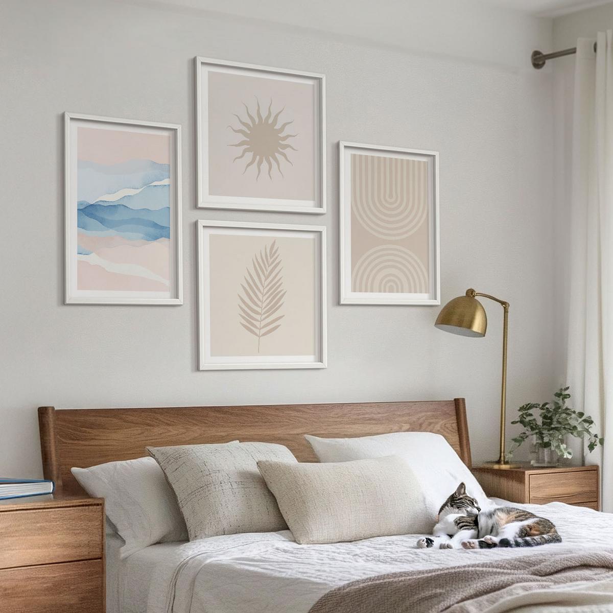 BILDER SET 4er Set - 50x50 cm & 40x60 cm Weißer Rahmen - Abstrakte Linien der Sonnenwellen - Weiß, Kunststoff (50/50cm) - TULUP