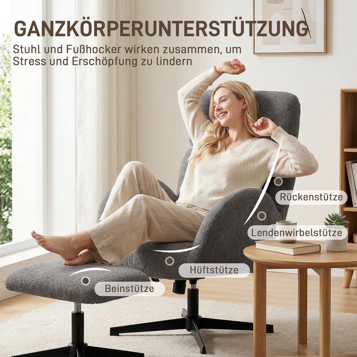 RELAXSESSEL mit Hocker Polyester Grau - Schwarz/Grau, Textil/Metall (70/108/71cm) - HOMCOM