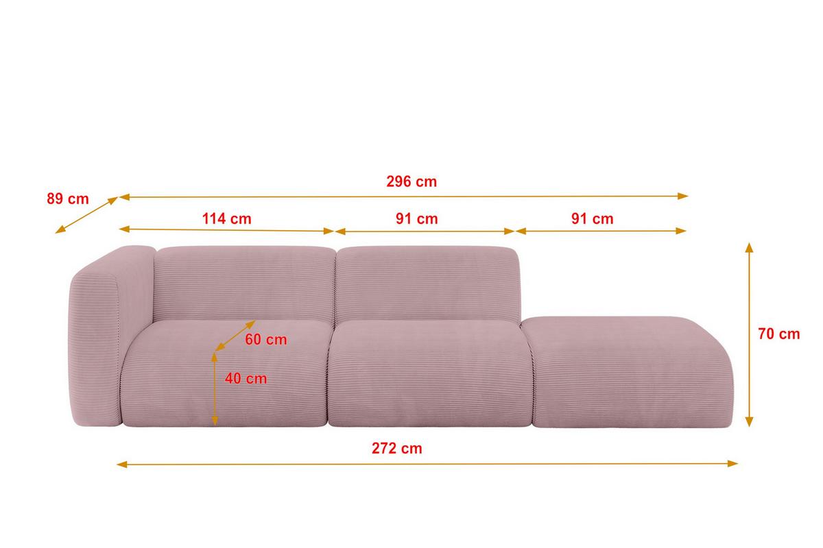 SOFA Ottomane Links MIRA-S3 296x89x70 Rosa Cord - Schwarz/Rosa, Holzwerkstoff/Kunststoff (296/70/89cm) - ALTDECOR