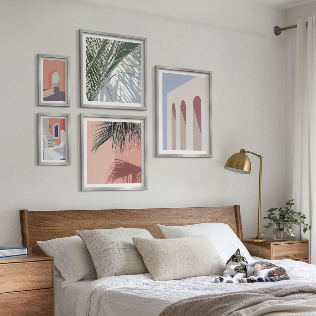 BILDER SET 5er Set - 50x50 cm & 20x30 cm & 40x60 cm Silberner Rahmen - Illustrationen der Stadtarchitektur - Silberfarben, Kunststoff (40/60cm) - TULUP