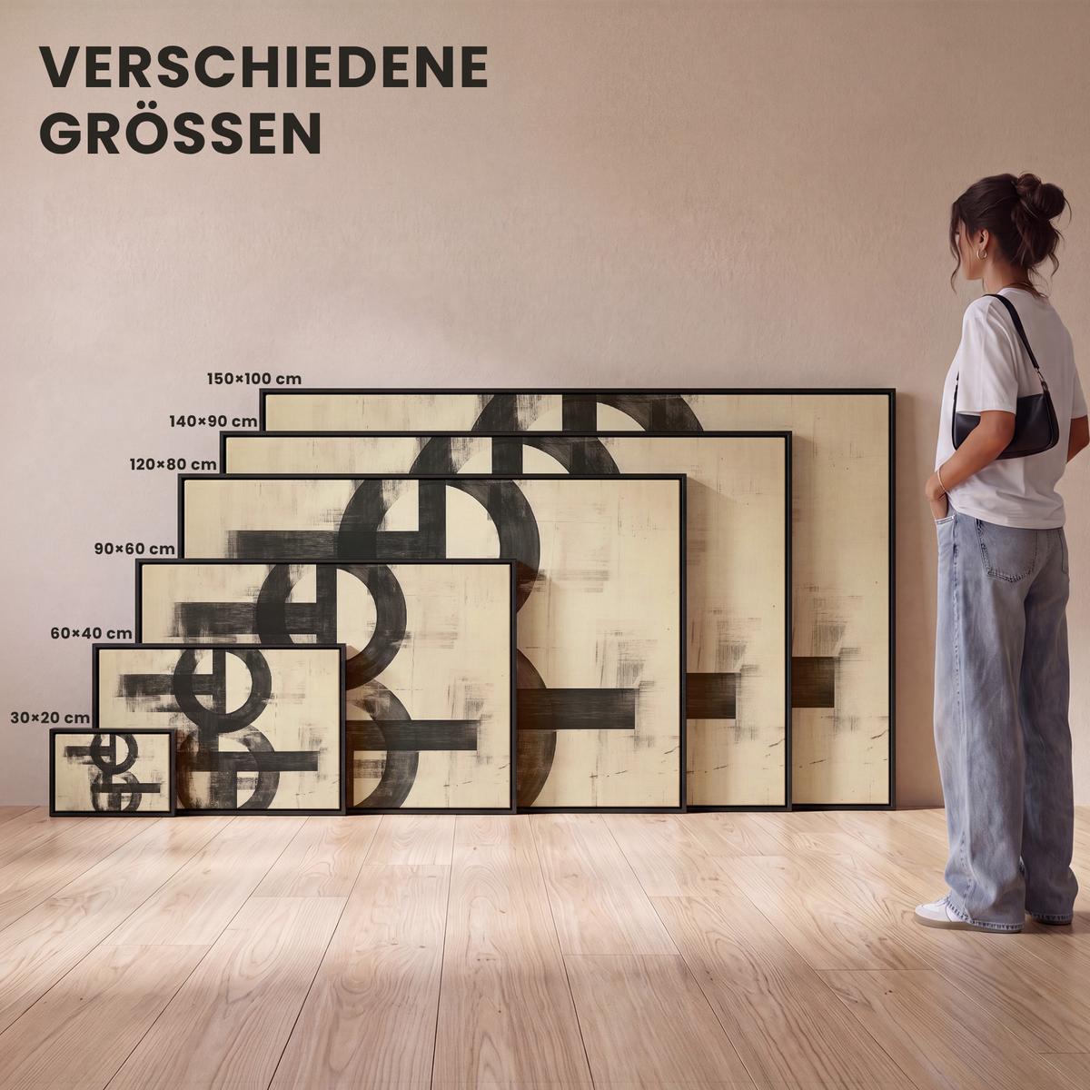 LEINWAND Bilder mit Rahmen - Kreise - Balken - Schwarz - Abstrakt - 90x60 - Schwarz, Textil (90/60cm) - MuchoWow