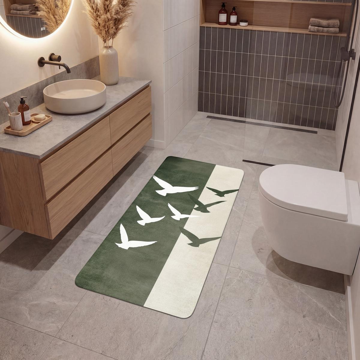 BADEMATTE Japandi - Vogel - Grün 60x120 cm - Olivgrün, Textil (60/120cm) - OnlyWow