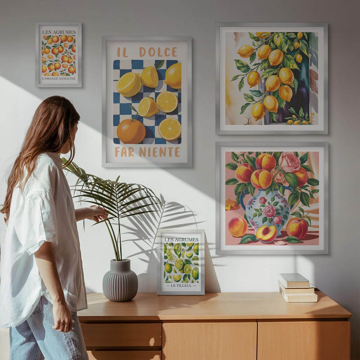 BILDER SET 5er Set - 50x50 cm & 20x30 cm & 40x60 cm Silberner Rahmen - Zitronenbäume im Topf - Silberfarben, Kunststoff (40/60cm) - TULUP