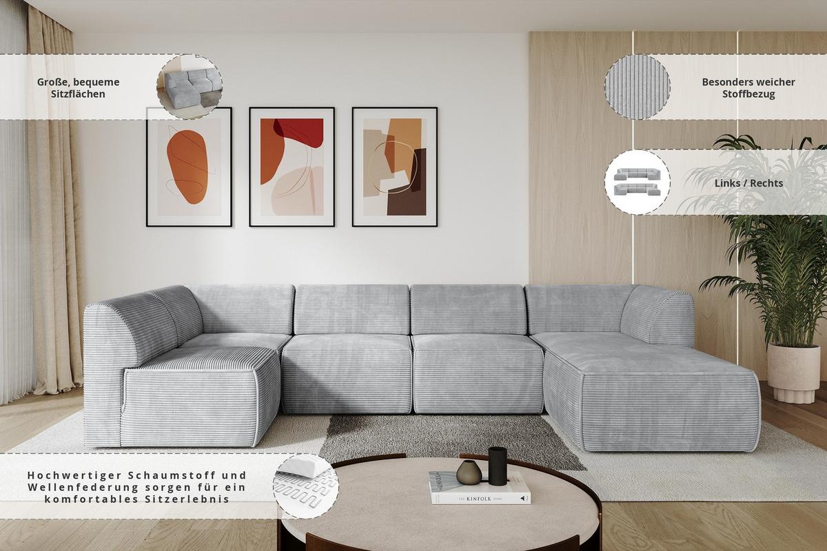 WOHNLANDSCHAFT Ottomane Rechts MOVO-L 345x180x78 cm Grau Cord - Grau, Holzwerkstoff/Kunststoff (180/78/345cm) - ALTDECOR