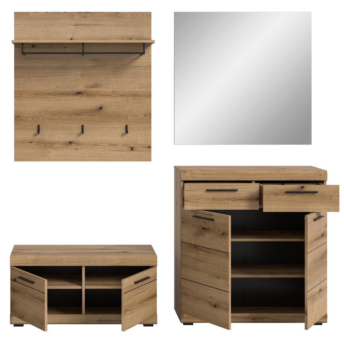 GARDEROBE Set 4-teilig Evoke Eiche 195 cm, Flurmöbel mit viel Stauraum - Eichefarben/Schwarz, Glas/Holzwerkstoff (195/197/40cm) - Inn.Furn