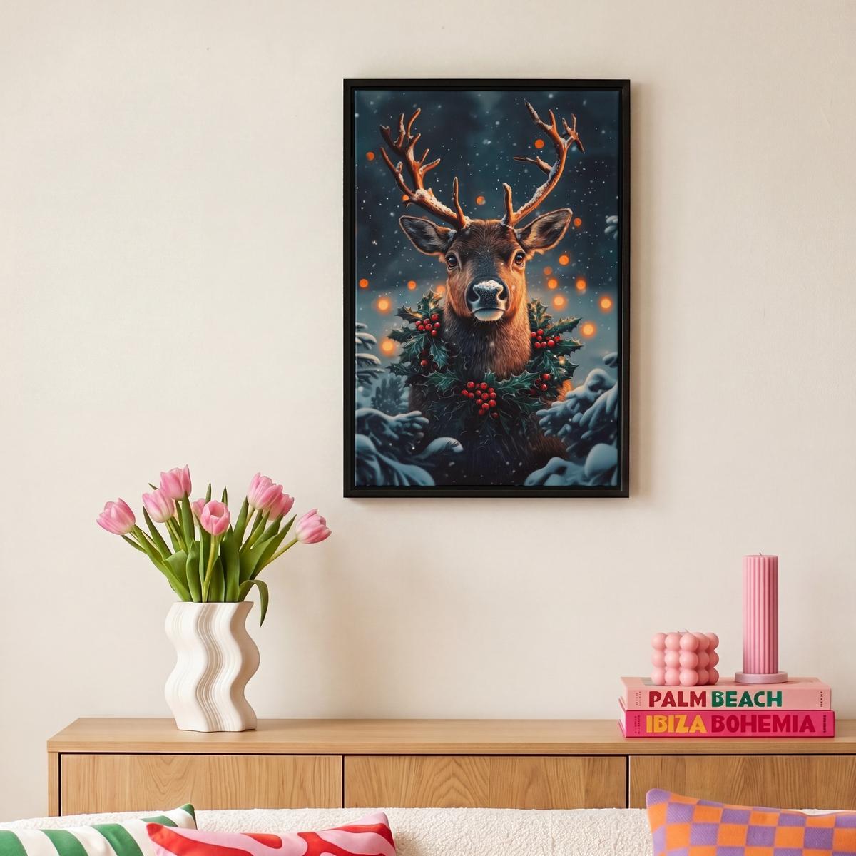 LEINWAND Bilder mit Rahmen - Hirsch - Weihnachten - Winter - Schnee - Weihnachtskranz - 20x30 - Dunkelbraun, Textil (20/30cm) - MuchoWow