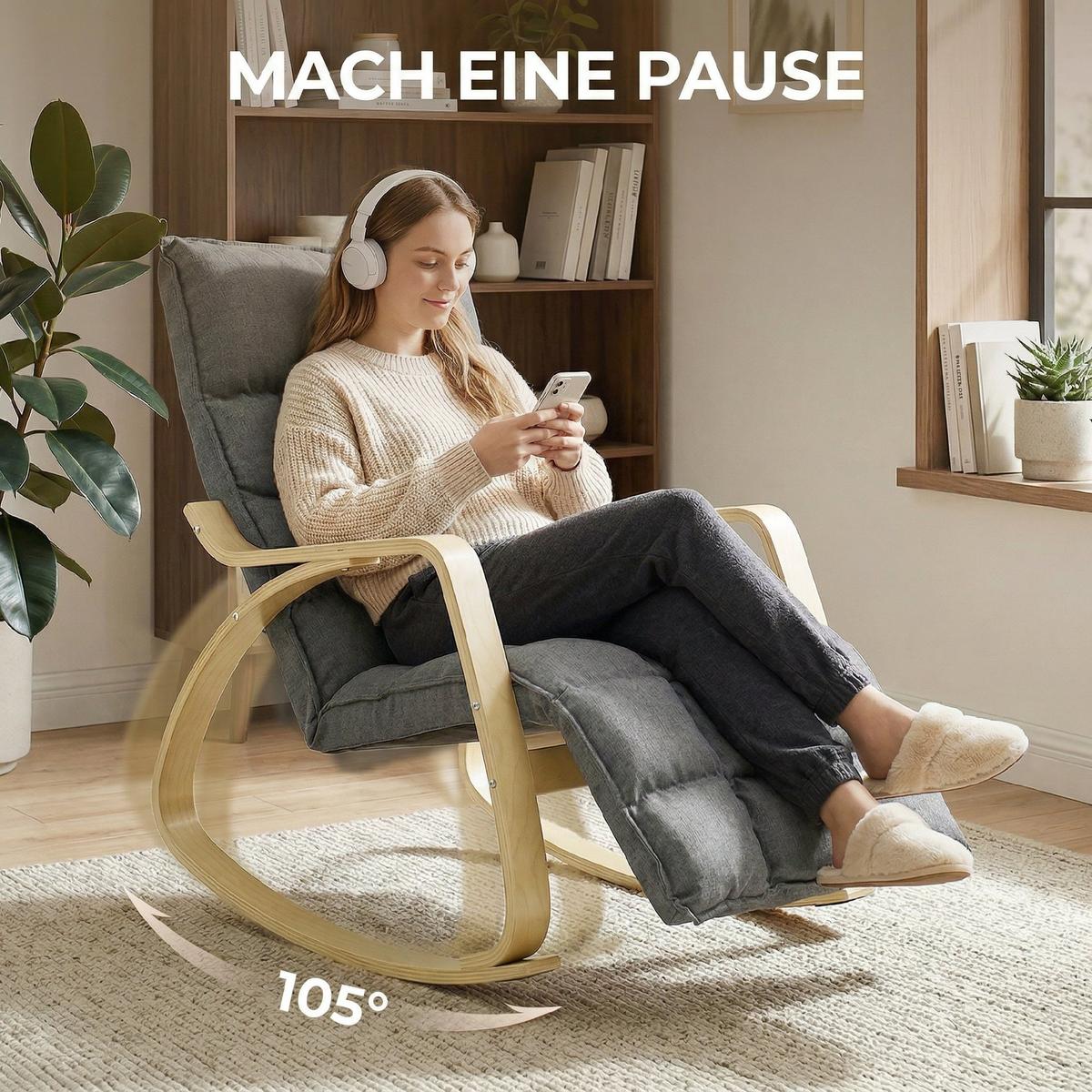 SCHAUKELSTUHL Polyester Grau - Birkefarben/Schwarz, Holz/Textil (67/92/106cm) - HOMCOM