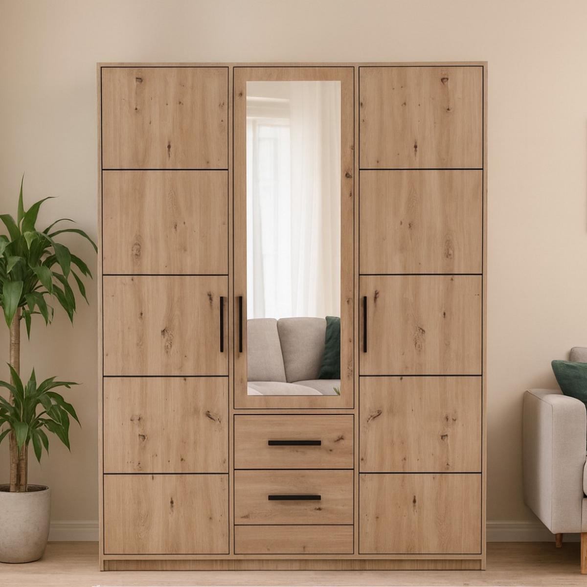 DREHTÜRENSCHRANK Kavo mit Spiegel und 3 Türen, eiche Artisan - Schwarz/Eiche Artisan, Holzwerkstoff (150/200/58cm) - Beautysofa