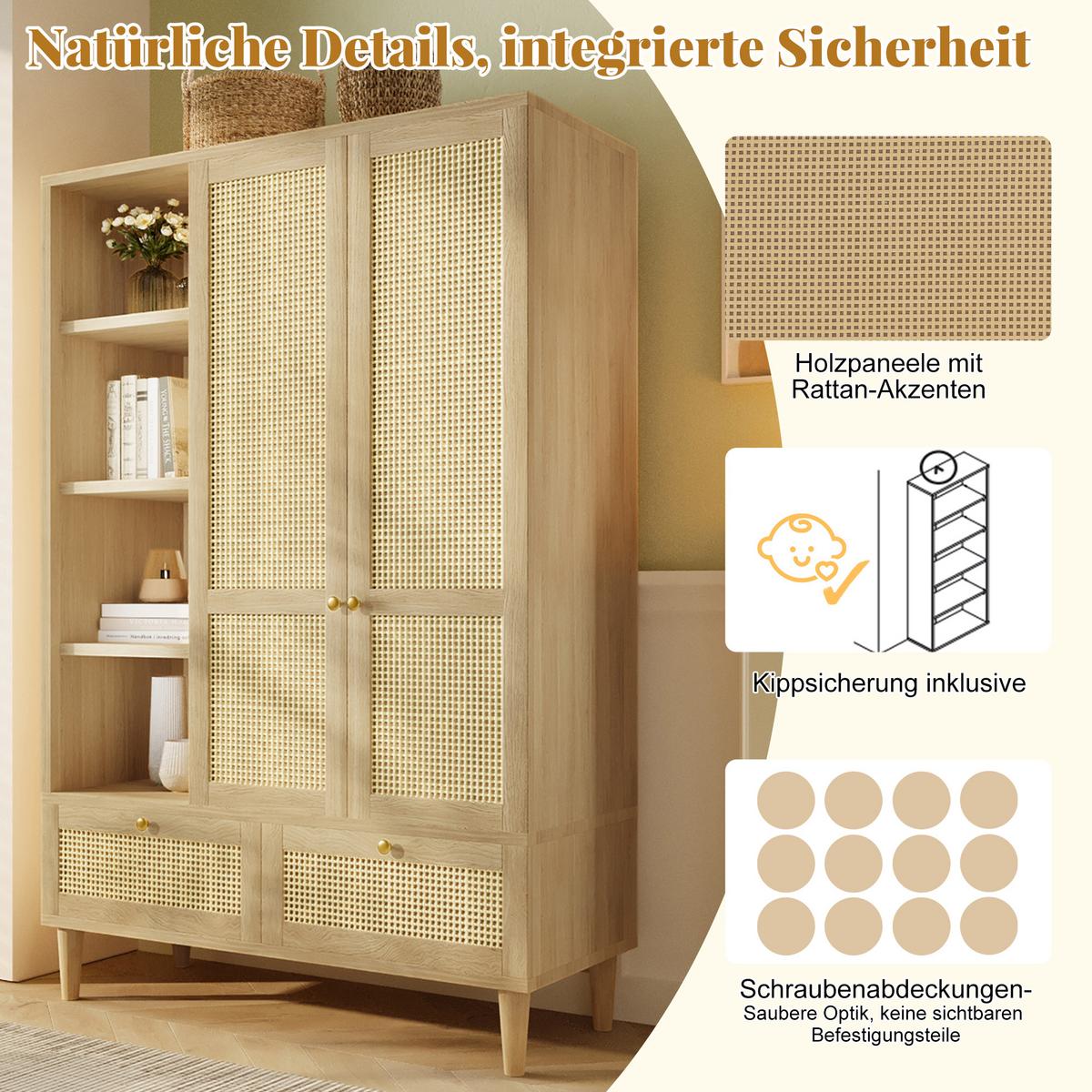 KLEIDERSCHRANK in eichenoptik mit rattan, offene regale, 2 schubladen und kleiderstange - Eichefarben, Holz (120/180/50cm) - Urban Meuble