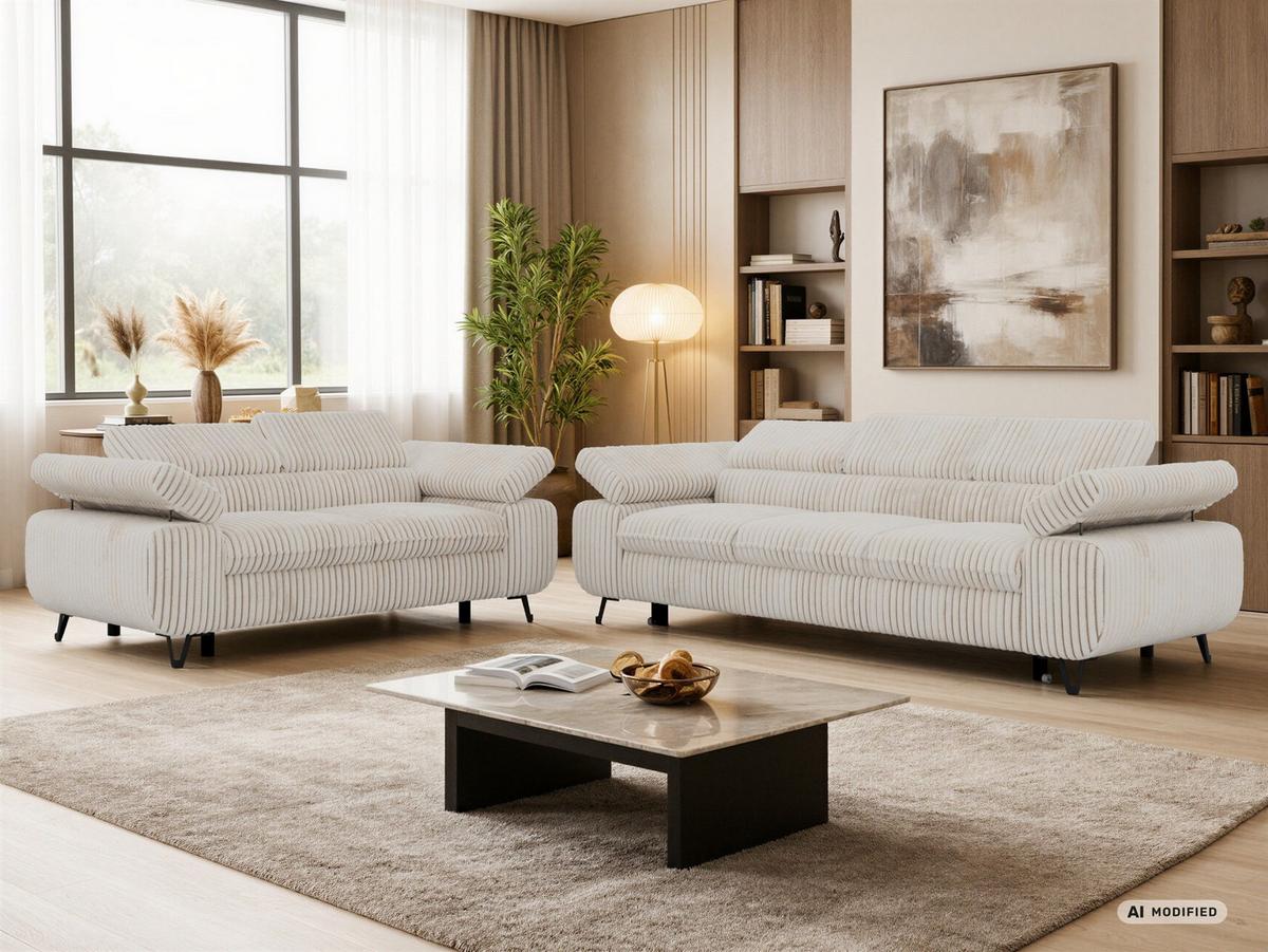 SITZGARNITUR PETERS 2+3 - Beige Cord - Beige/Creme, Textil/Metall (262/76/99cm) - MKS