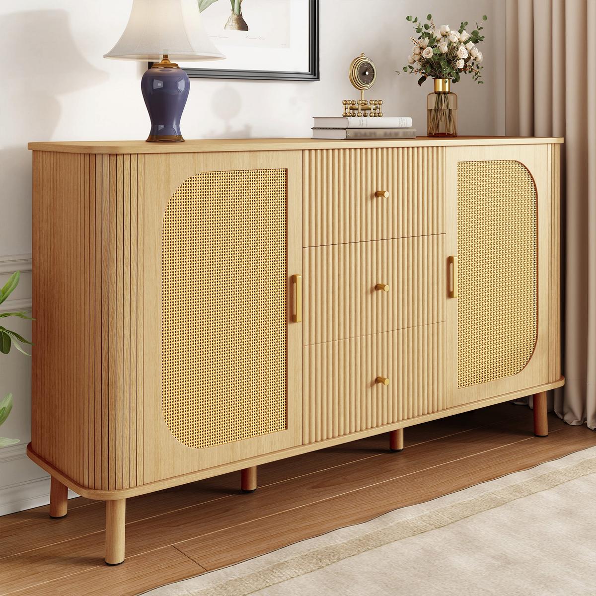 BUFFET in Naturholz- und Rattanoptik, Beige - Naturfarben, Holzwerkstoff (40/80/140cm) - Urban Meuble