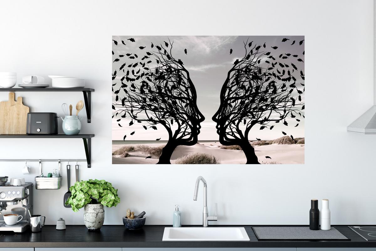WANDTATTOO Strand - Meer - Menschen - Baum - Moderne Kunst Wandsticker 120x80 cm - Hellgrau, Kunststoff (120/80/0.1cm) - MuchoWow