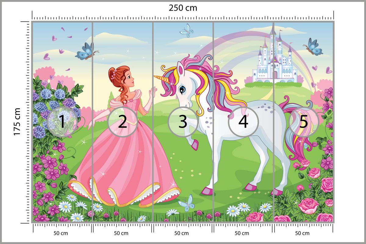 FOTOTAPETE für Kinderzimmer Prinzessin Einhorn Schloss Blumen 250x175 - Blau/Gelb, Papier (250/175cm) - Muralo