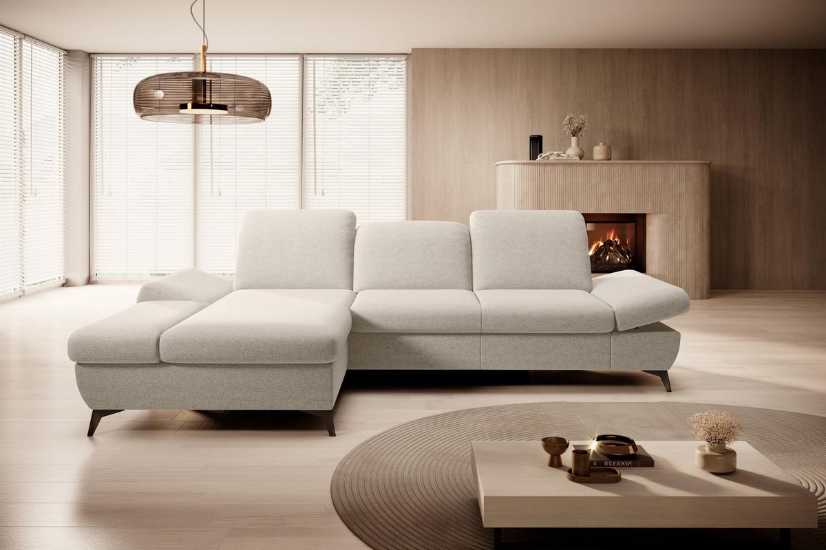 ECKSOFA FELICE L-S Creme Geflochtener Stoff mit Schlaffunktion - Creme, Holz (284/166cm) - MASSENO
