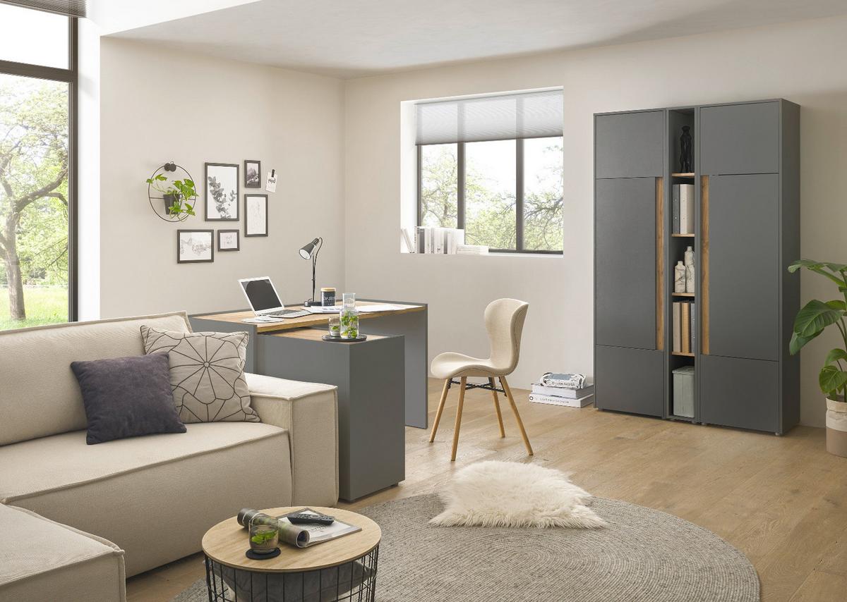 SCHREIBTISCHKOMBINATION 6-teilig grau matt, Eiche Wotan, Büromöbel Set mit viel Stauraum - Eichefarben/Schwarz, Holzwerkstoff/Kunststoff (140/263/200cm) - Furn.Design