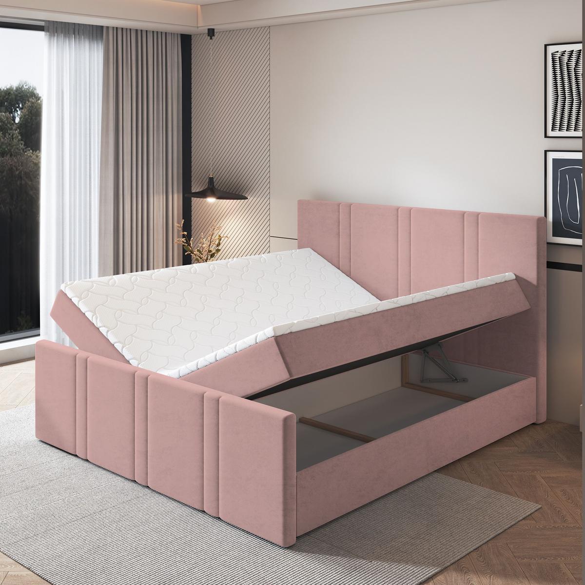 BOXBETT COMOZA 200x200 cm mit Matratze und Topper, H2+H3 - Rosa - Rosa, Holz (200/200cm) - MASSENO