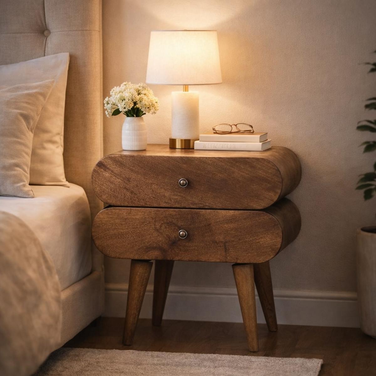 BETTSCHENKEL Schlank, 2 Schubladen in Braun - Dunkelbraun/Messingfarben, Holz/Metall (45/50/35cm) - Artisan Furniture