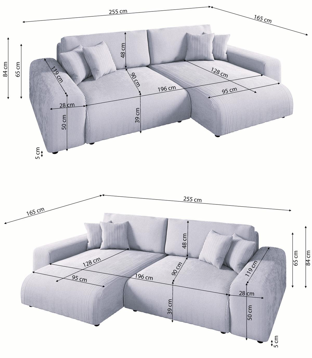 ECKSOFA mit Schlaffunktion, Bettkasten, Wellenunterfederung, seitenverkehrt montierbar B255/T165/H84 cm, Liegefl. 148x196 cm, Cord Hellgrau / 21007 - Hellgrau/Schwarz, Kunststoff/Textil (255/165cm) - luma-home