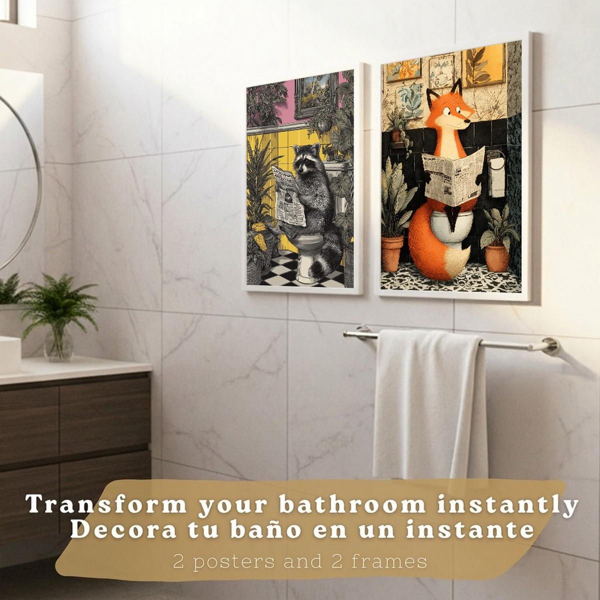 POSTER 2er-Set dekorative Badezimmer-Kunstdrucke, künstlerische für Wand, Waschbecken, Toilette mit Tieren auf der Toilette, Vintage Weißer Rahmen A3 - Weiß, Papier (42/29.7/3cm) - Nacnic