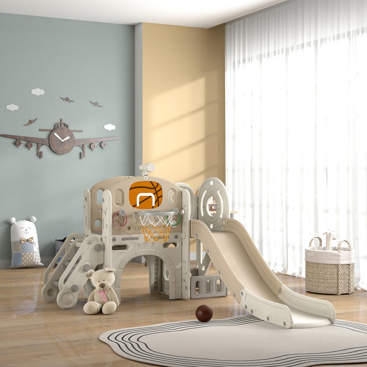 KINDERRUTSCHE, 7-in-1, Kleinkinderrutsche mit Basketballkorb, Klettergerüst - Creme/Weiß, Kunststoff (153/111/186cm) - AIYAPLAY
