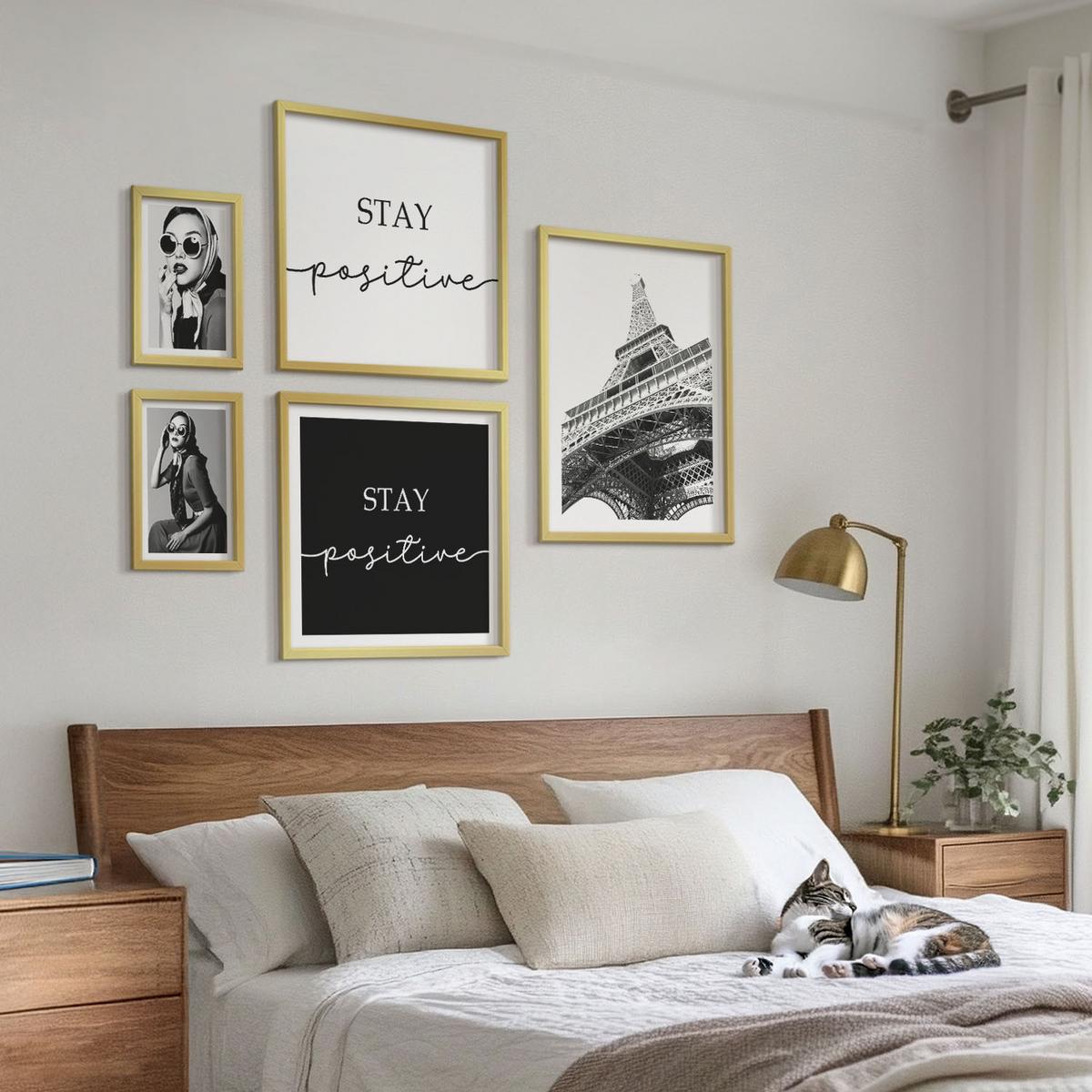 BILDER SET 5er Set - 50x50 cm & 20x30 cm & 40x60 cm Goldrahmen - Pastellrosa Flamingos - Goldfarben, Kunststoff (40/60cm) - TULUP