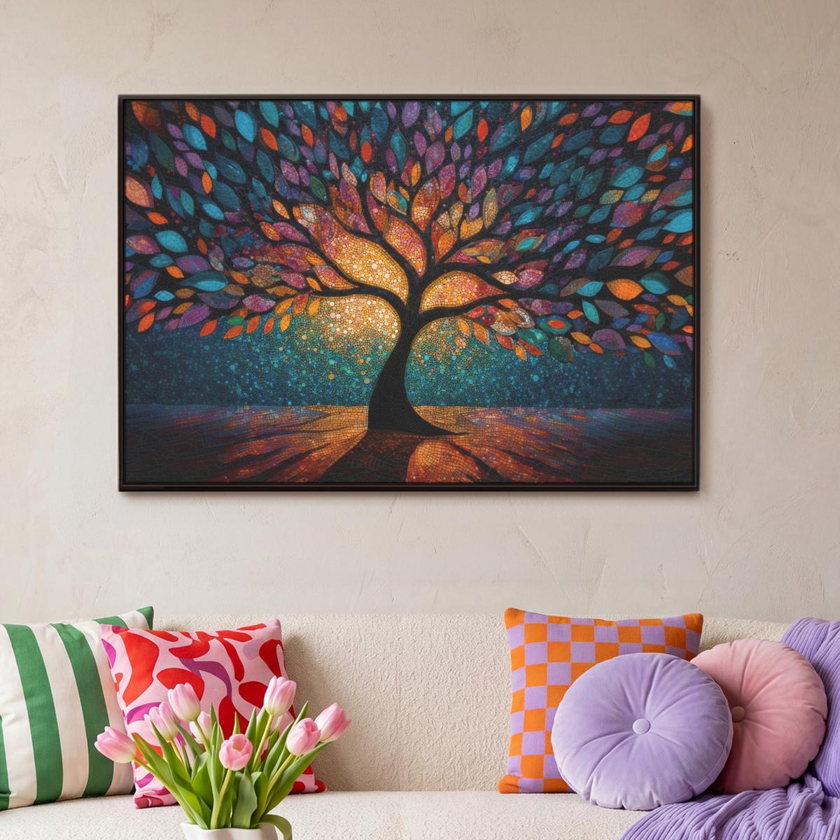 LEINWAND Bilder mit Rahmen - Mosaik - Bunt - Baum - Äste - 90x60 - Multicolor, Textil (90/60cm) - MuchoWow