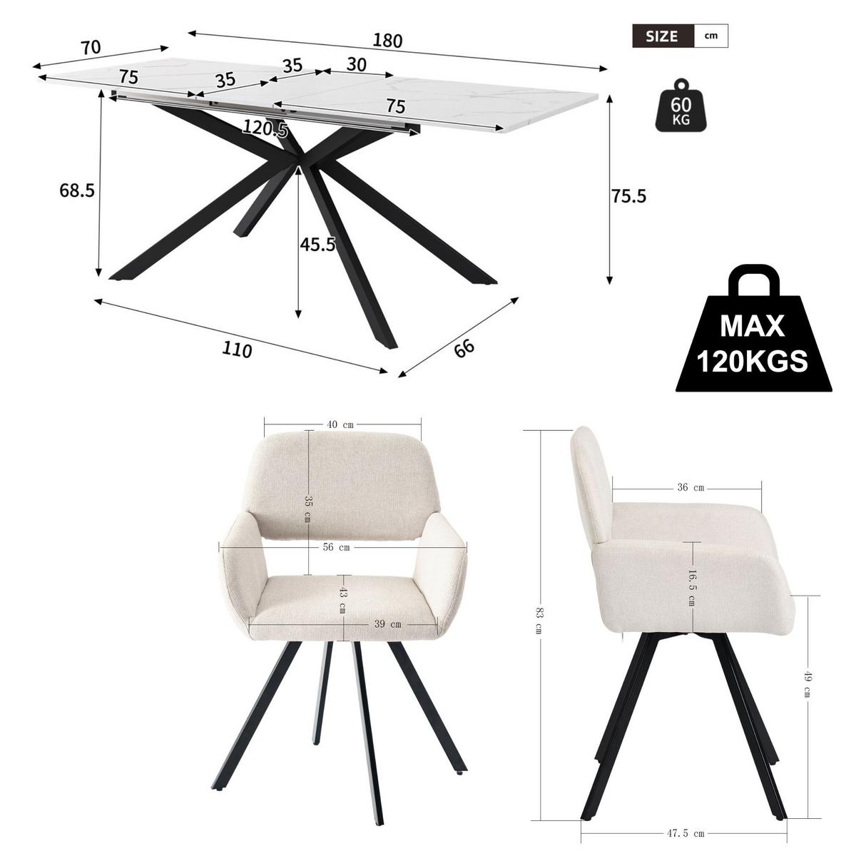 ESSTISCH-SET 1+6, ausziehbarer Tisch mit 6 Esszimmerstühlen - Schwarz/Weiß, Holzwerkstoff (180/75.5/70cm) - Urban Meuble