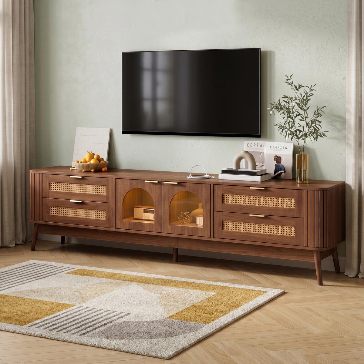 TV-LOWBOARD Nussbaum mit LED-Beleuchtung, Bogen-Glastüren & 4 Schubladen - Walnussfarben, Holzwerkstoff (180/50/40cm) - Urban Meuble