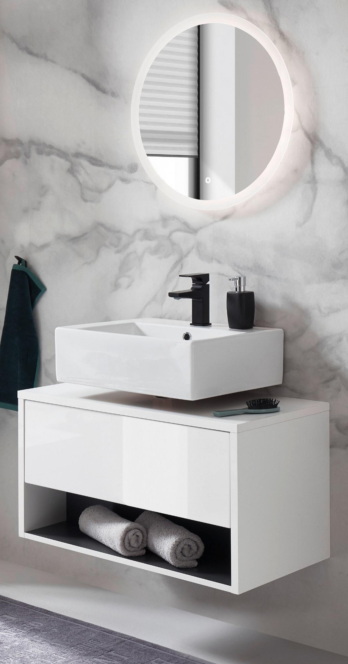 BADMÖBEL-SET weiß Hochglanz, grau, Badezimmer Set inklusive LED Beleuchtung, Breite 80 cm - Weiß Hochglanz/Grau, Glas/Holzwerkstoff (80/190/46cm) - Furn.Design