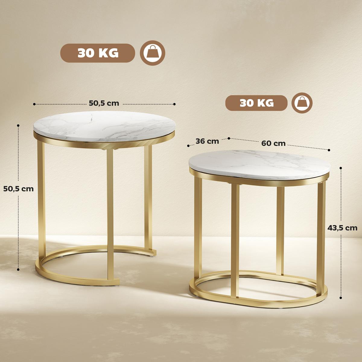 COUCHTISCH rund 2er Set Stapelbarer Beistelltisch mit Stahlrahmen für Wohnzimmer - Weiß, Holzwerkstoff (50/50/50.5cm) - HOMCOM